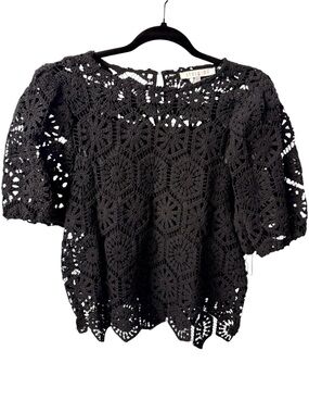 Black Cotton Crochet Puffed Sleeve Top with Cami Liner Size Medium